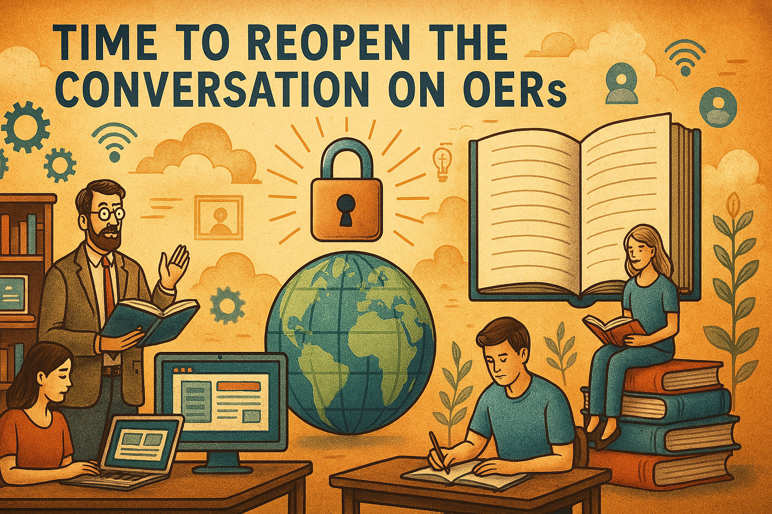 Digital illustration depicting Open Educational Resources (OERs), featuring an open book with icons symbolising creativity, open access, knowledge sharing, and global reach, set against a warm wooden background with the text 'OERs – Open Educational Resources'